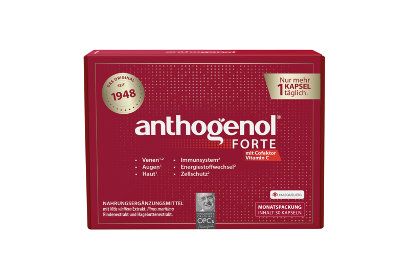Anthogenol_FORTE_.png Packung von Anthogenol Forte, ein Nahrungsergänzungsmittel mit verschiedenen gesundheitlichen Vorteilen, inklusive Vitamin C.