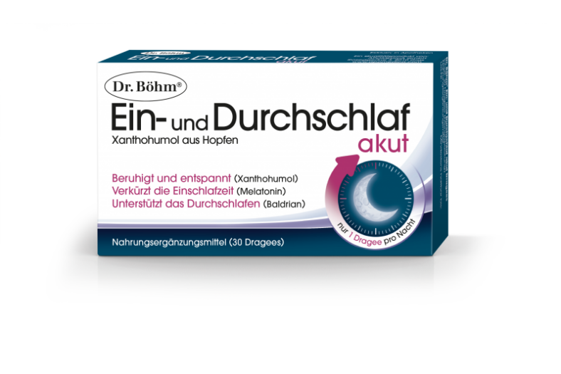 Verpackung von Dr. Böhm's Ein- und Durchschlaf akut, ein Nahrungsergänzungsmittel in Drajees zur Förderung des Schlafs.