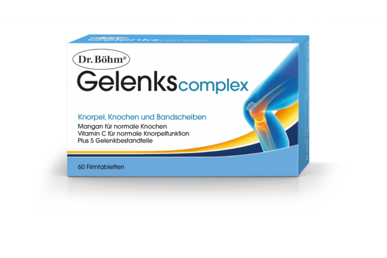 Verpackung von Dr. Böhm Gelenkscomplex für Knorpel, Knochen und Bandscheiben mit 60 Filmtabletten.