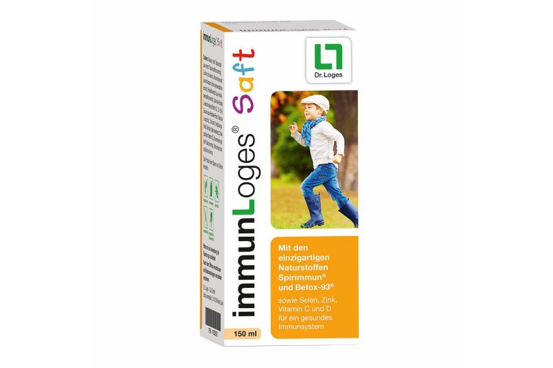 Verpackung des Immunloges Saftes für Kinder, mit Bildern und Angaben zu Inhaltsstoffen und Anwendung.