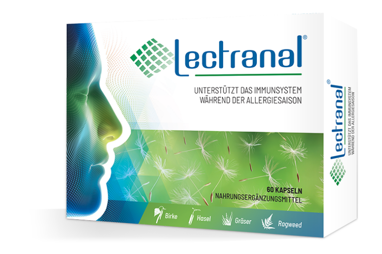 Verpackung von Lectranal, einem Nahrungsergänzungsmittel zur Unterstützung des Immunsystems während der Allergiesaison, mit pflanzlichen Motiven.