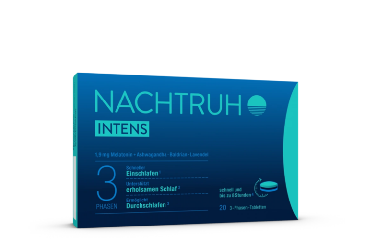 Verpackung von Nachtruhe Intens mit Angaben zu Inhaltsstoffen und Schlafunterstützung, in blauer Farbgestaltung.