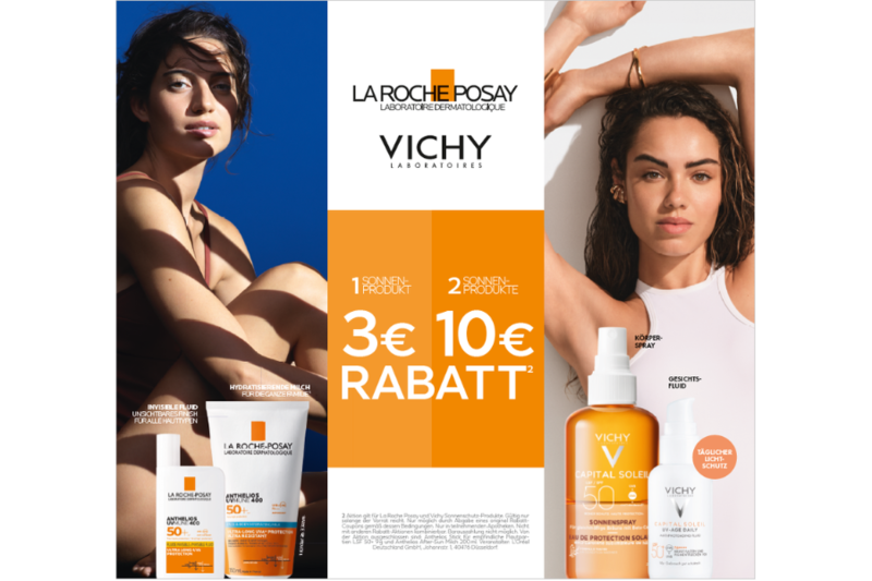 Werbung für Sonnenpflege mit Produkten von La Roche-Posay und Vichy, rabattiert zwischen 3€ und 10€.