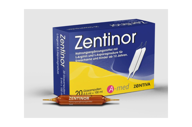 zentinor.png Verpackung von Zentinor, einem Nahrungsergänzungsmittel mit L-Arginin und L-Asparaginsäure, in einer blauen Schachtel mit 20 Glasampullen.