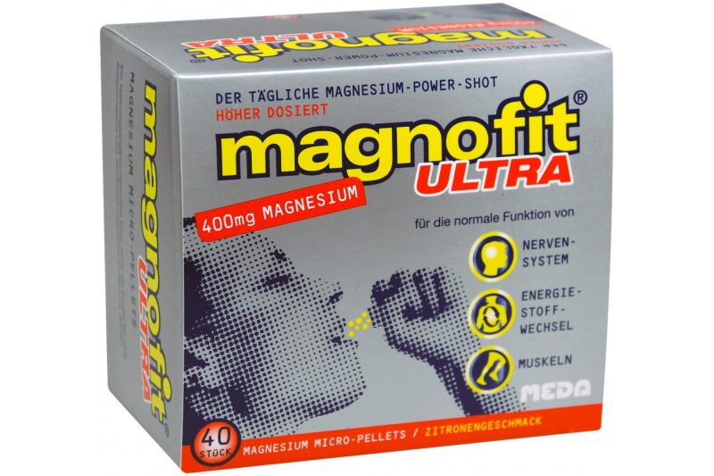 Verpackung von magnofit ULTRA, Magnesium-Power-Shot mit 400 mg Magnesium für Nerven, Energie und Muskeln, Zitrongeschmack.