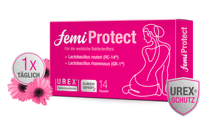femiprotect-box2.png Packung mit femiProtect, einem Präparat für die weibliche Bakterienflora, mit pinkem Design und Angaben zu Inhaltsstoffen.