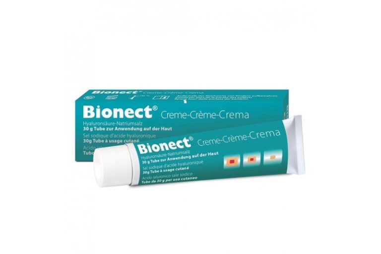 Bionect Creme in einem 30 g Tube, verpackt in einer turquoise-blauen Schachtel mit mehrsprachiger Beschreibung.