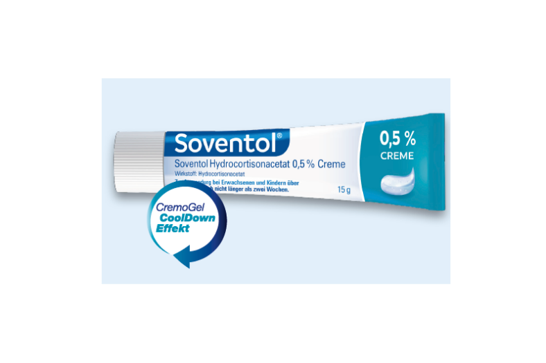 Soventol Creme mit 0,5 % Hydrocortisonacetat in einer 15 g Tube, präsentiert mit 'CremoGel CoolDown Effekt'.
