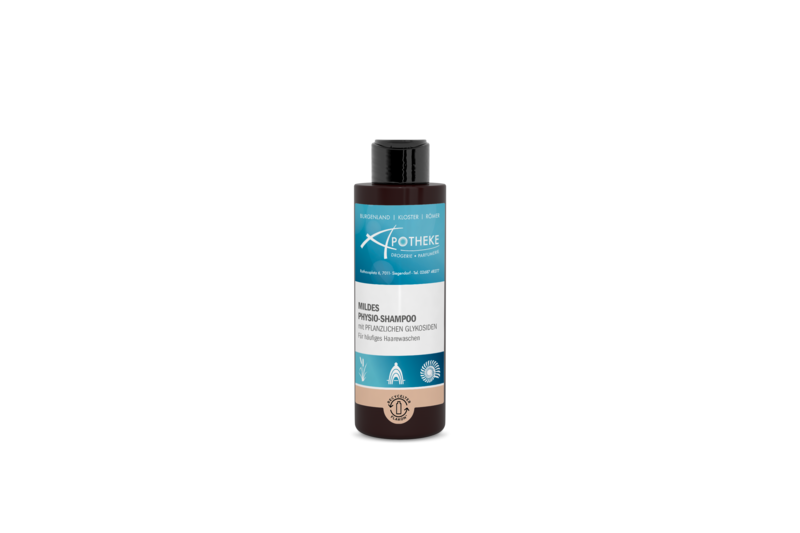 Flasche mit mildem Physio-Shampoo, verpackt in einem dunkelbraunen Kunststoffflakon mit blauer und weißer Etikettierung.
