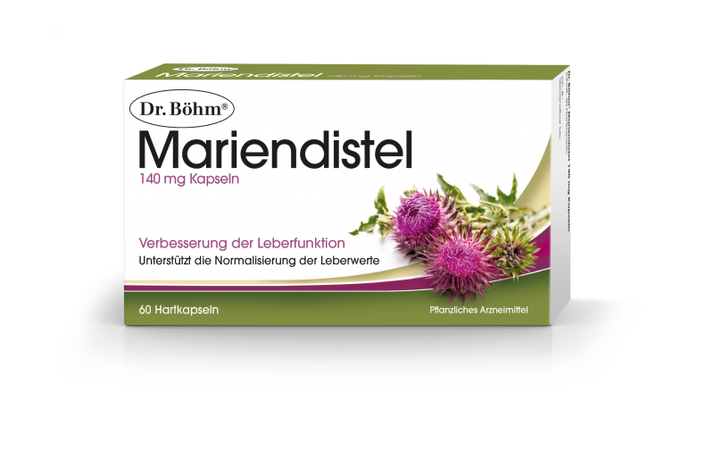 DrBoehm-Mariendistel-60.png Packung mit Mariendistel-Kapseln zur Verbesserung der Leberfunktion, ausgestattet mit Pflanzlichem Arzneimittelhinweis.