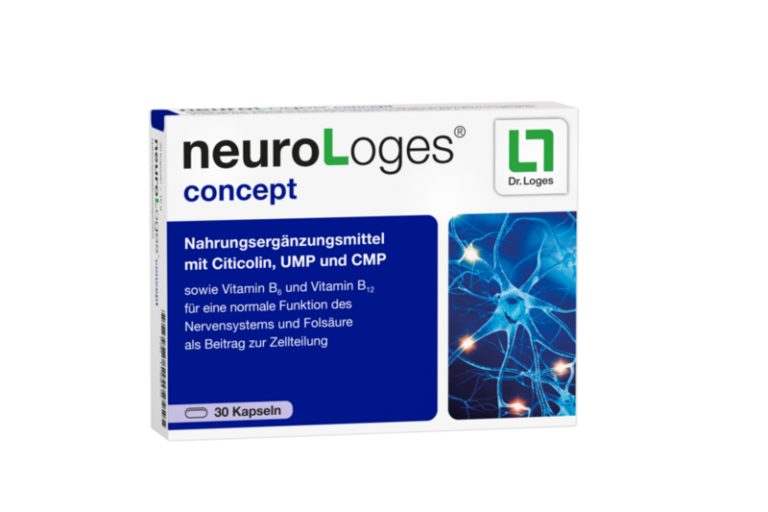 Verpackung des Nahrungsergänzungsmittels neuroLoges concept mit Citicolin, UMP, CMP und Vitaminen.
